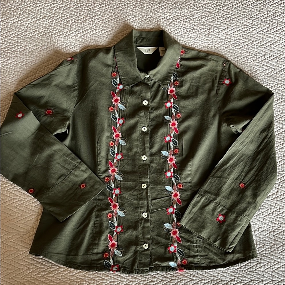 Olive Green Embroidered Button-Up Shirt